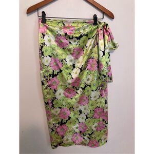WAYF Green Pink White Floral Satin Wrap Midi Skirt‎